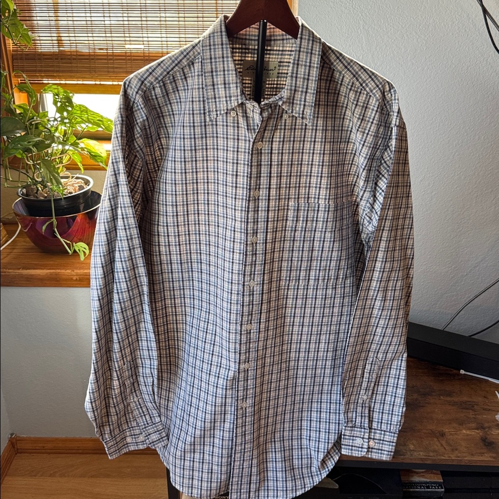 Eddie Bauer 100% cotton Blue Plaid‎ Long Sleeve Button Up dadcore casual shirt